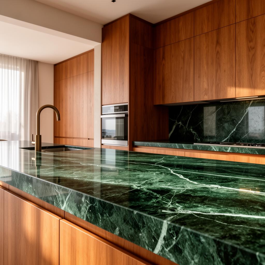 Blat de bucătărie din marmură India Green într-o bucătărie modernă cu mobilier din lemn