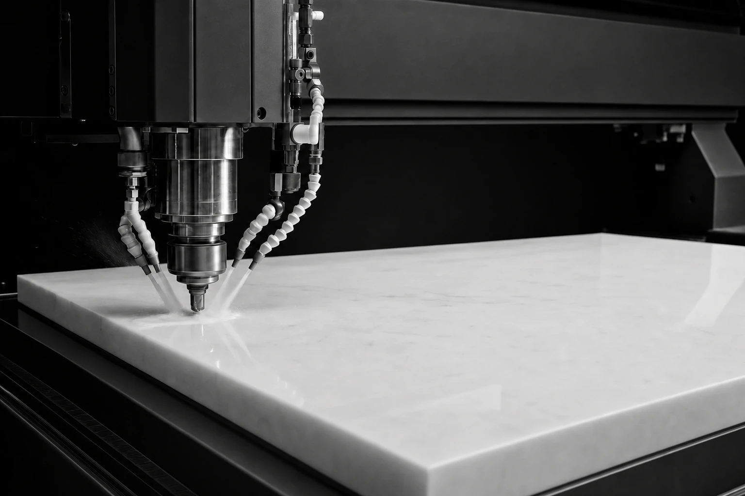 A CNC machine precisely cutting a white marble slab.